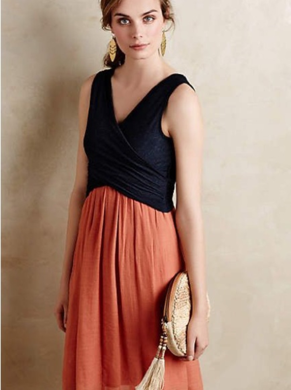 Anthropologie Amadi Sleeveless Navy & Rust Two-Tone Wrap Bodice Dress